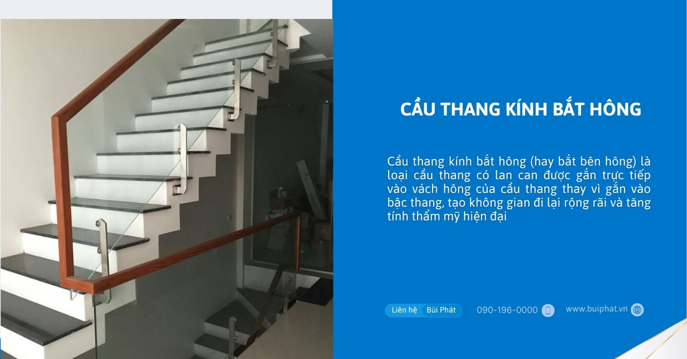Cầu thang kính bắt hông Cầu thang kính bắt hông