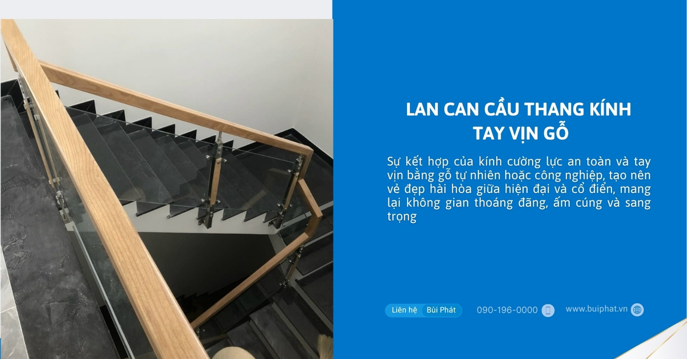 Lan can cầu thang kính tay vịn gỗ Lan can cầu thang kính tay vịn gỗ