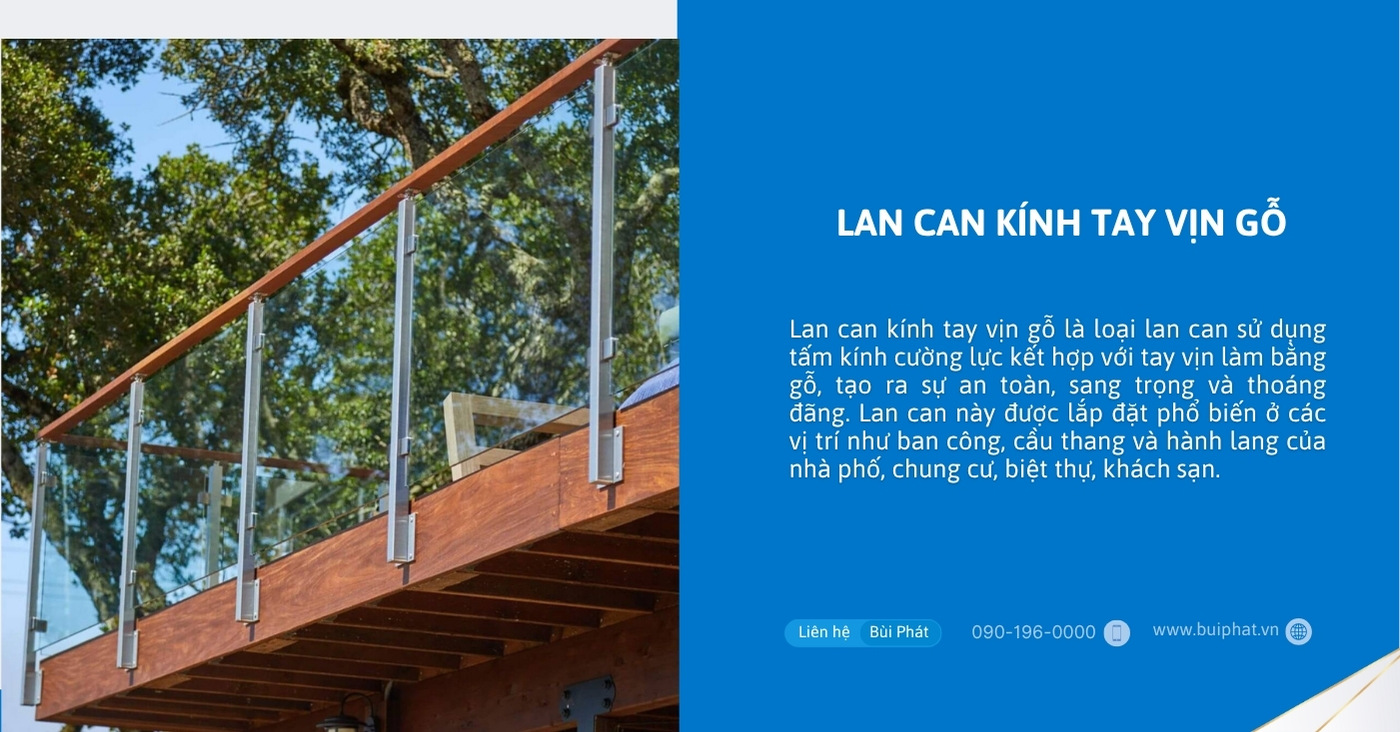 Lan can kính tay vịn gỗ