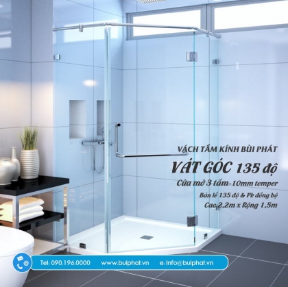 Phòng tắm kính vát góc cửa mở quay (bản lề 135 độ) 3.3 m² (1.5x1.2m)